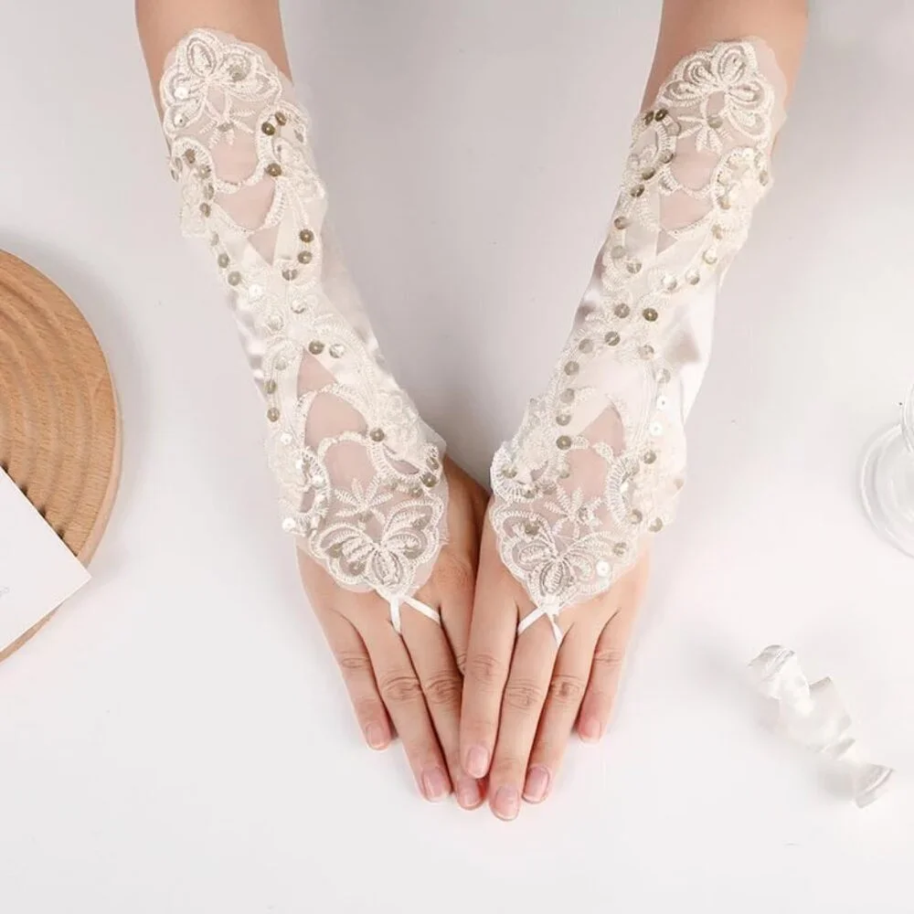 Women's A-Champagne Sequins Beads Fingerless Satin Gloves Party Prom Accessories